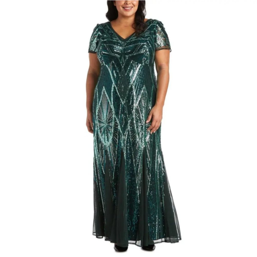 R&M Richards Elegant Evening Dress Womens Plus‎ Green Sequined Long V-Neckline